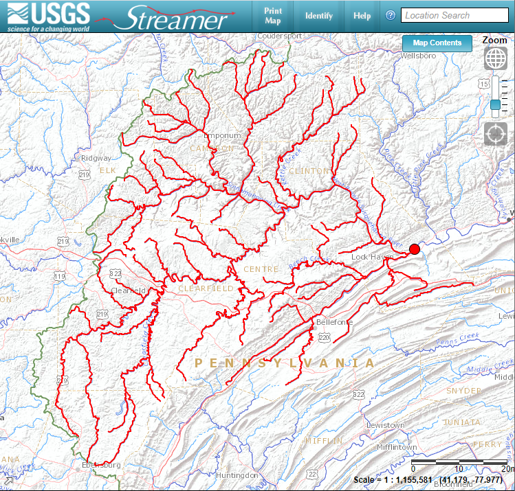 Map of Streamer network map near Lock Haven, Pennsylvania