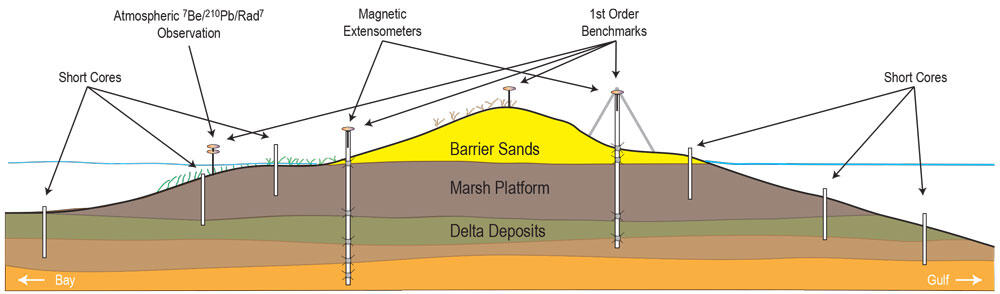 Schematic of proposed barrier island subsidence sampling and monitoring set up. 