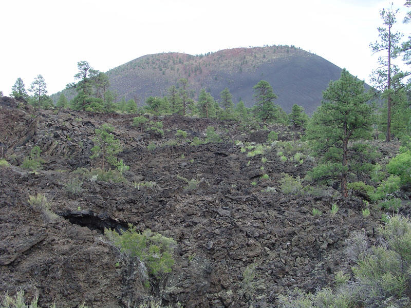 This is a photo of a view of Sunset Crater and the Bonito Lava Flow.