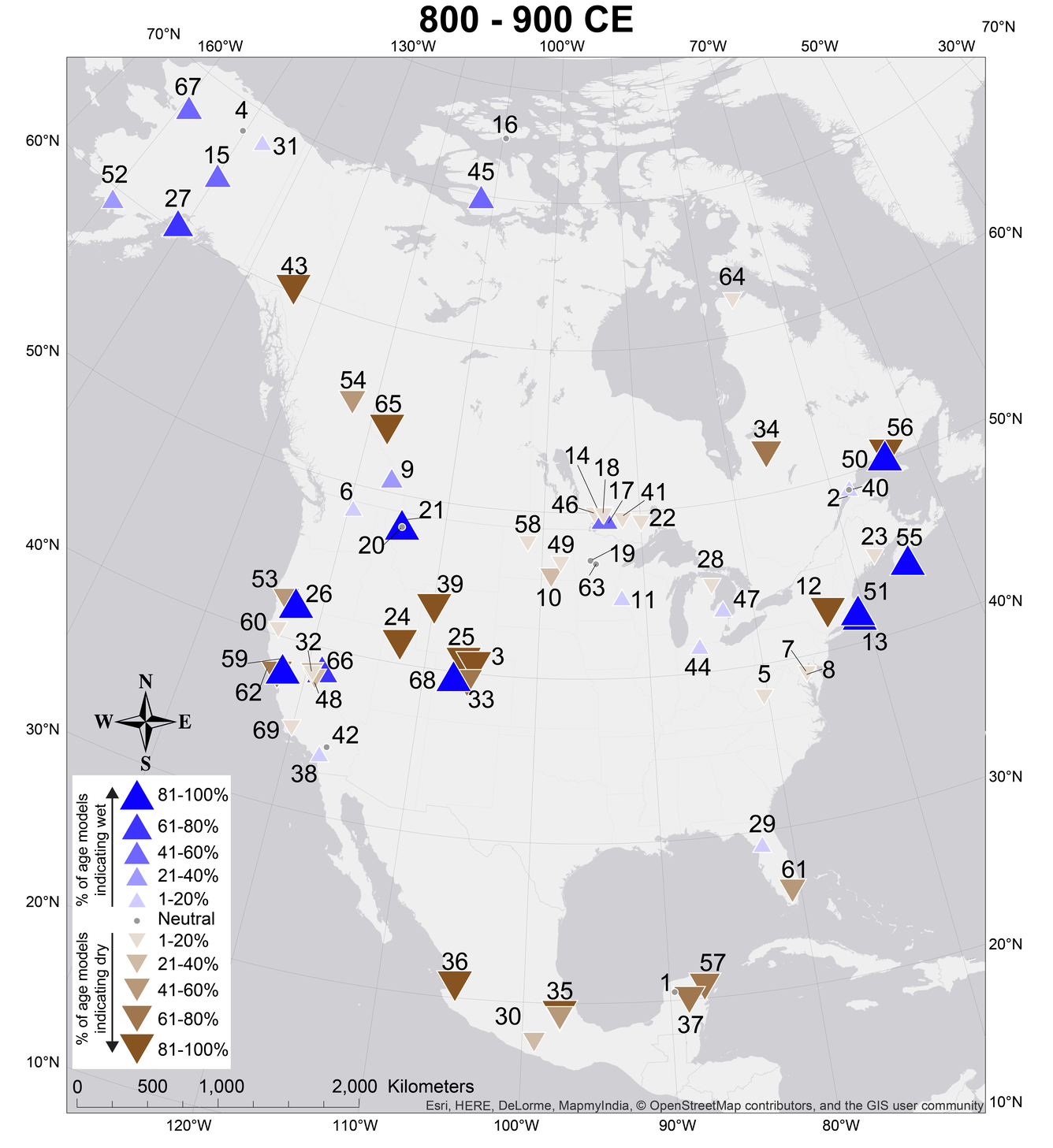A map of centennial-scale hydroclimate anomalies during the Common Era, data points center mostly in Northern America