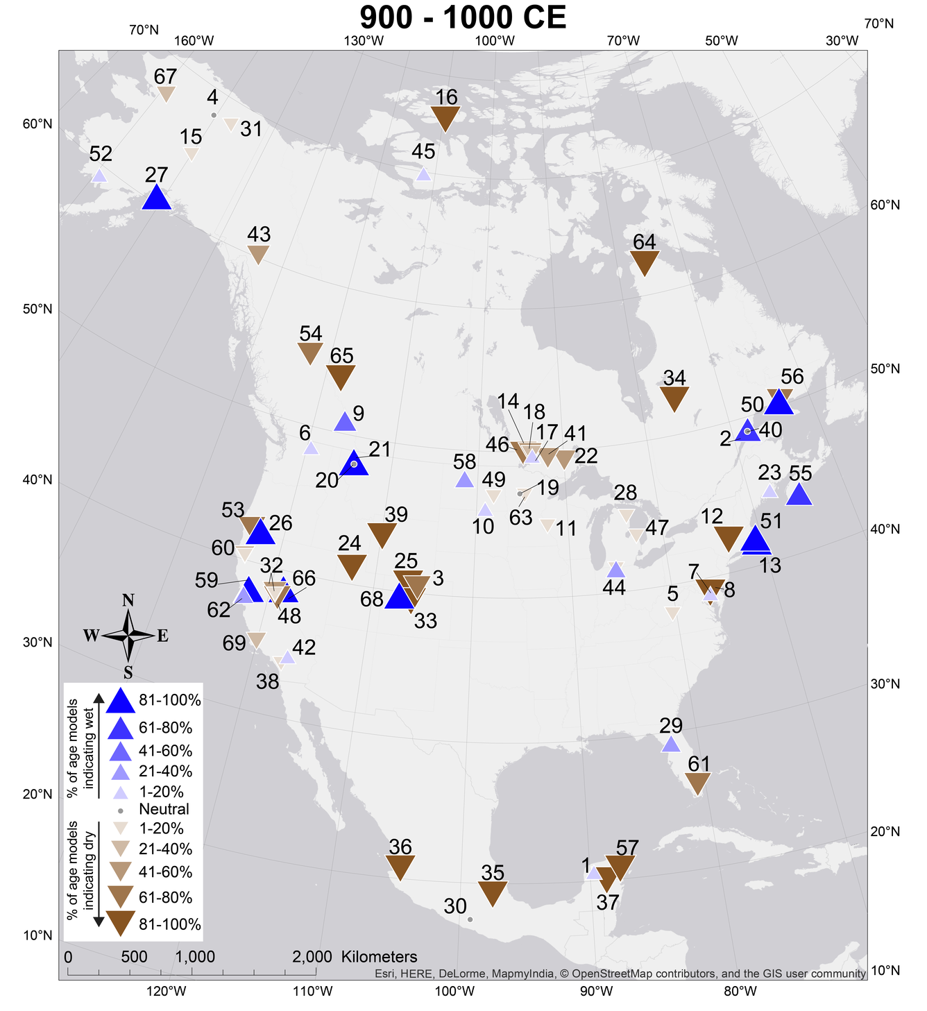 A map of centennial-scale hydroclimate anomalies during the Common Era.