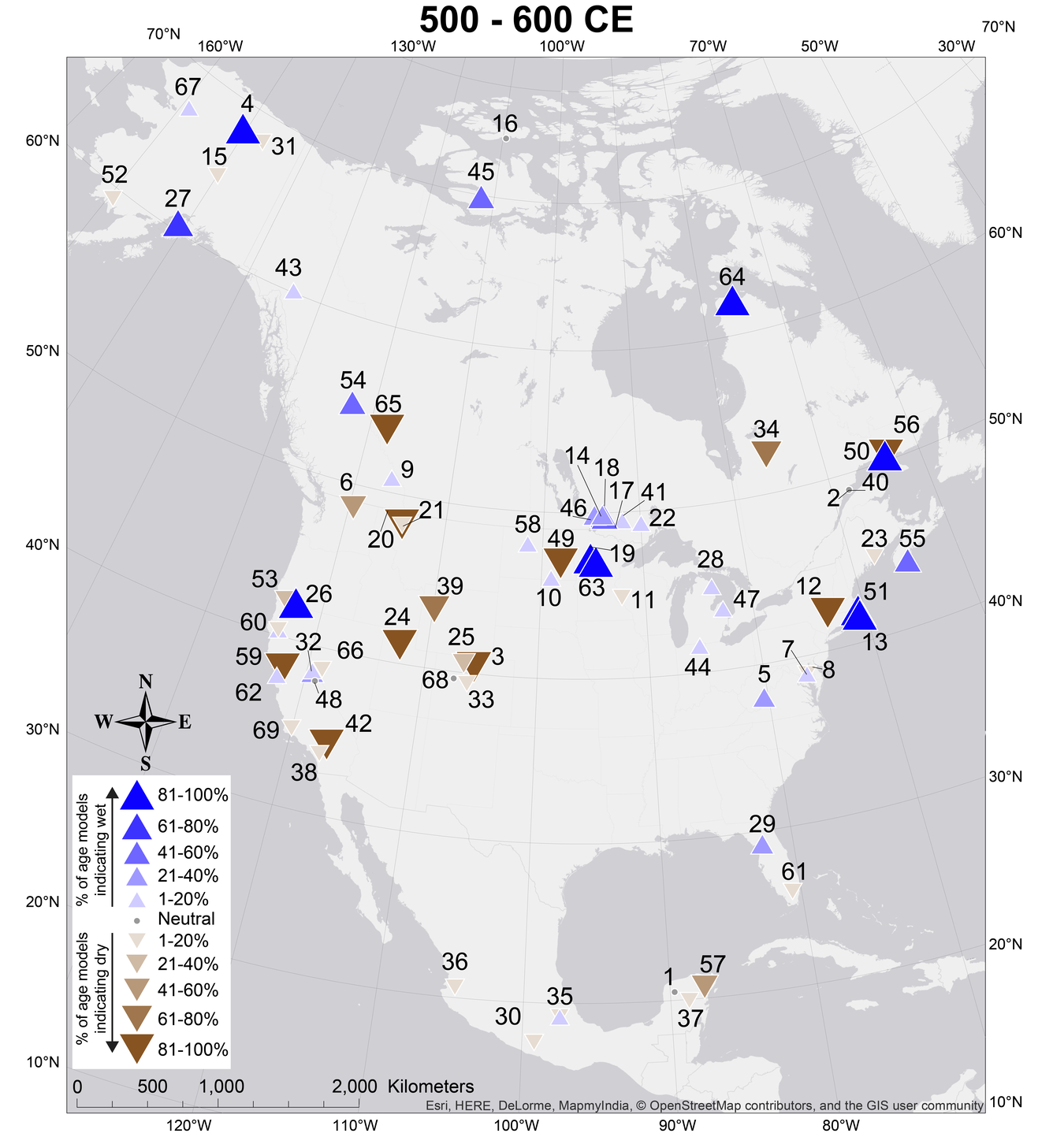A map of centennial-scale hydroclimate anomalies during the Common Era, data points center mostly in Northern America