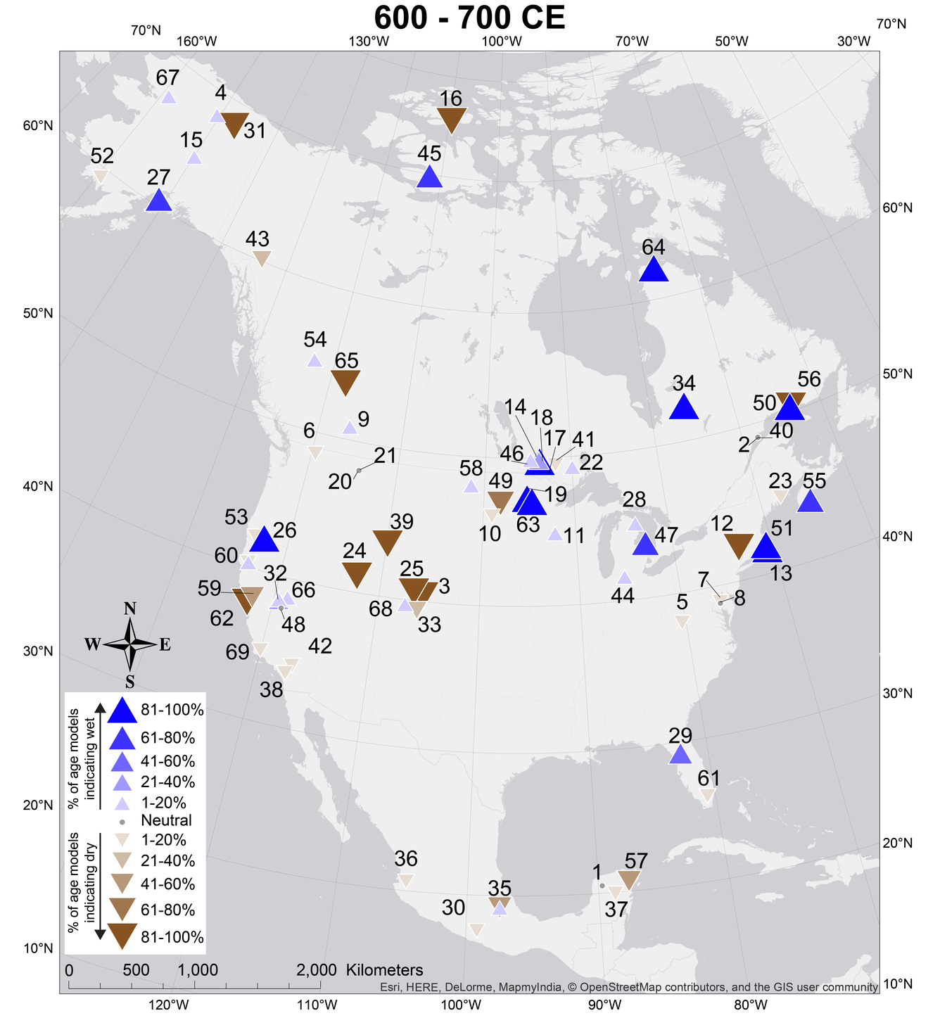 A map of centennial-scale hydroclimate anomalies during the Common Era, data points center mostly in Northern America
