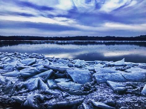 lake, ice, sky, clouds, blue, trees