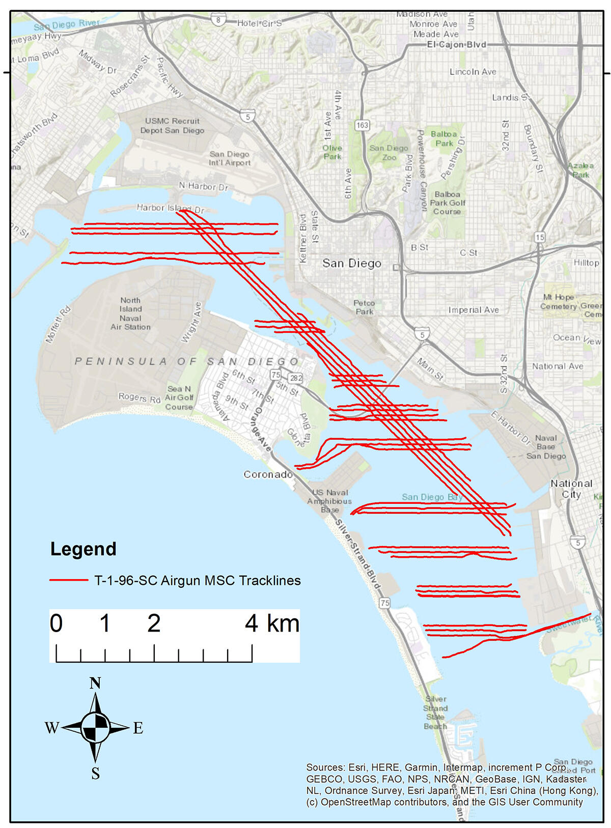 A map of a coastal area with lines drawn on the waterway to show the path a ship followed while collecting data.