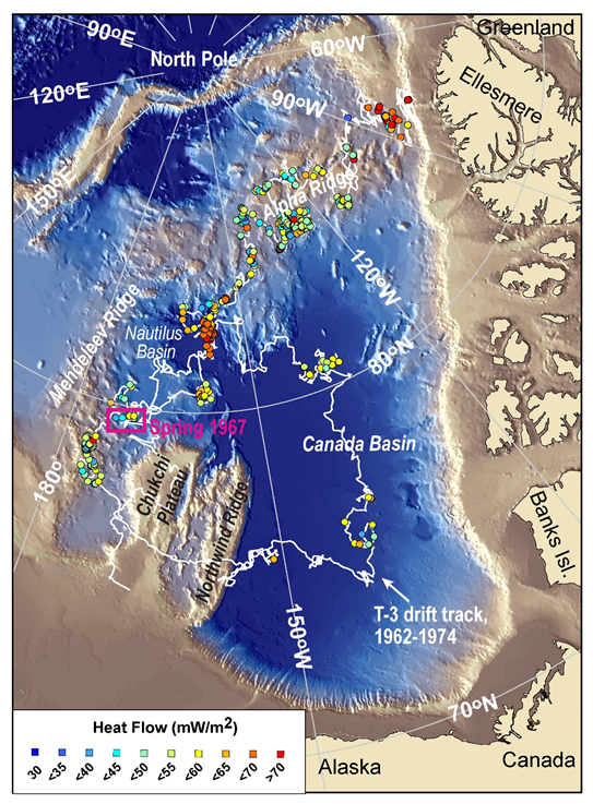 Image shows a map of the Arctic Ocean with dots tracking the path of the T-3 Ice Island