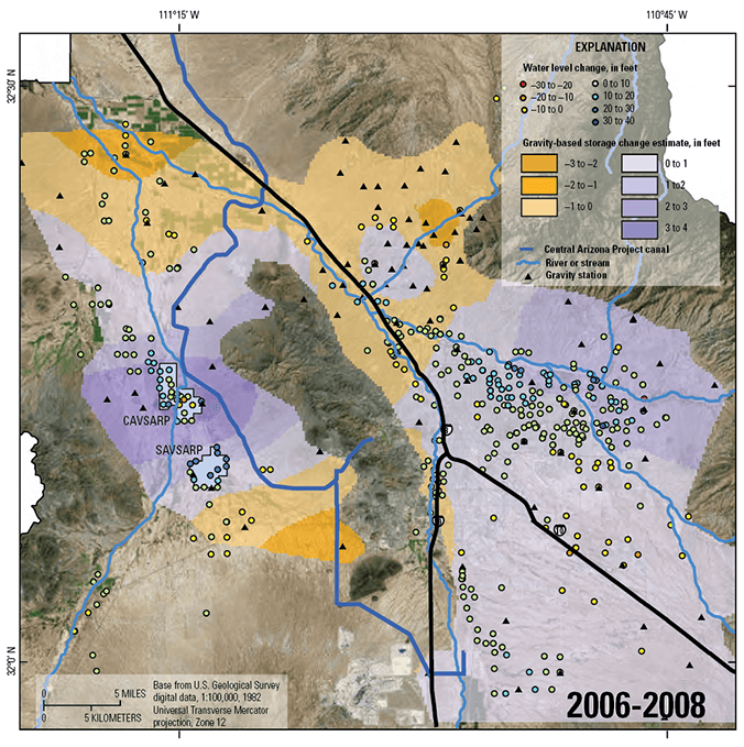 Gravity-based groundwater-storage and water-level change, 2006-2008 -r