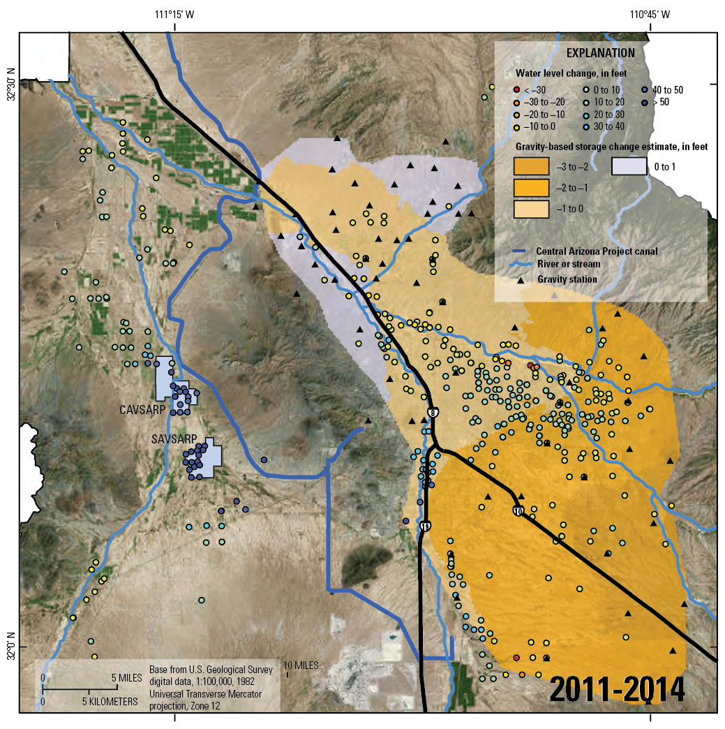 Gravity-based groundwater-storage and water-level change, 2011-2014 -r