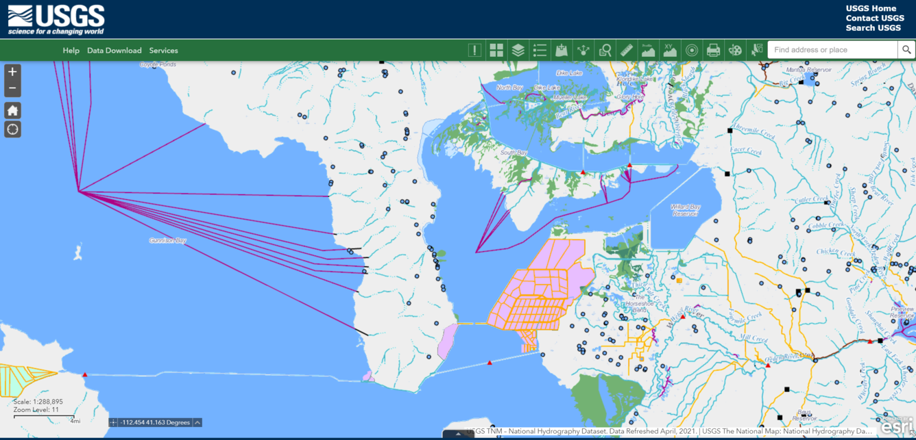 The NHD layer displayed on the National Map Basic Viewer 