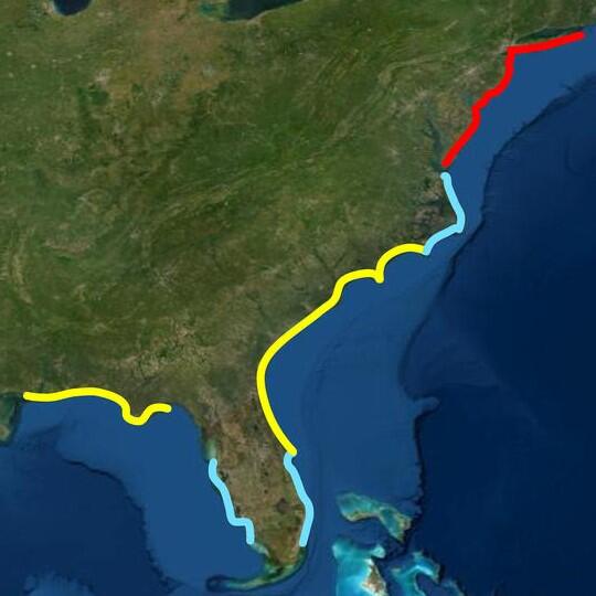 map of southeast US with red, blue, and yellow lines along the coast