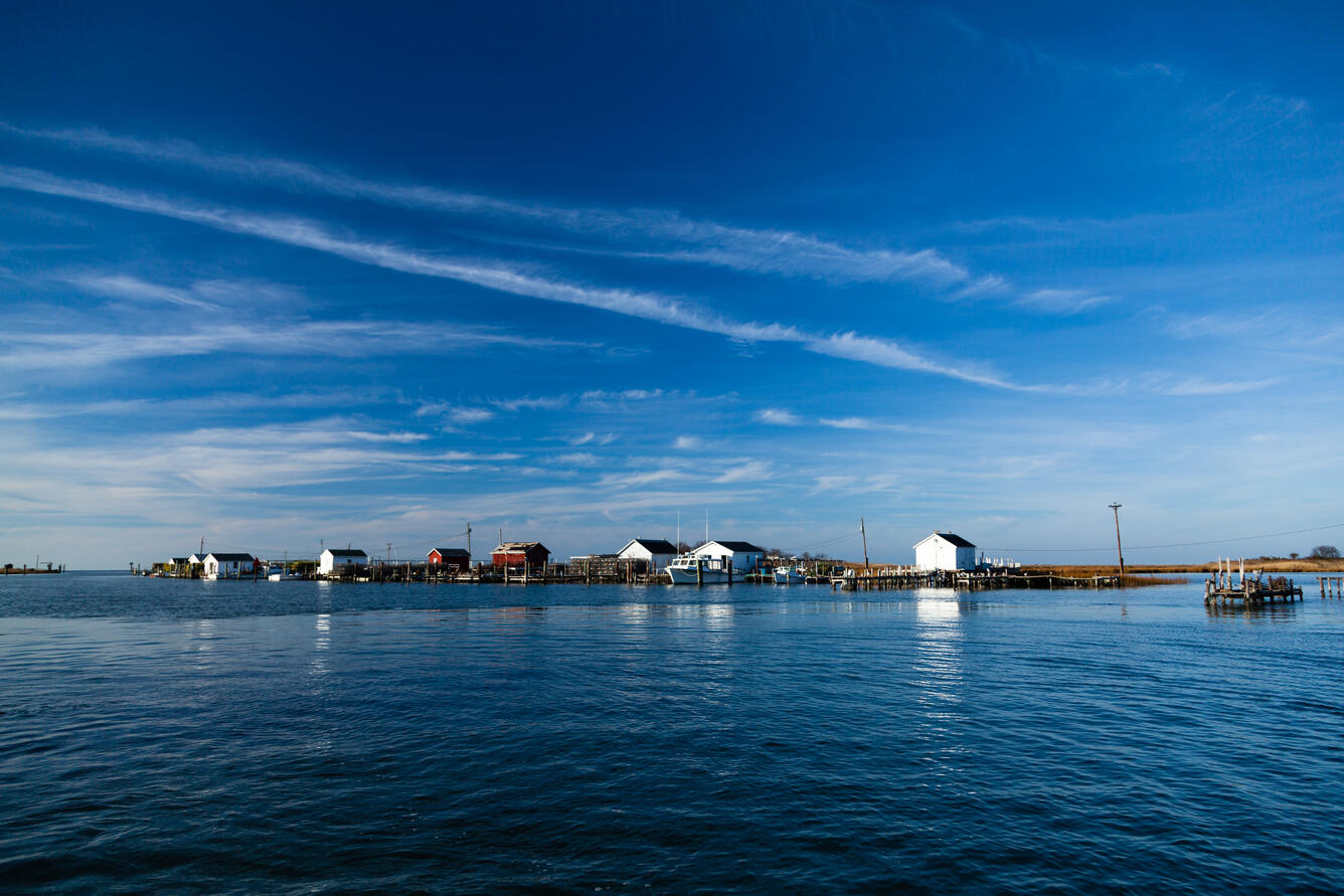 Shanties line a harbor on Tangier Island, Va., on Dec. 6, 2012.