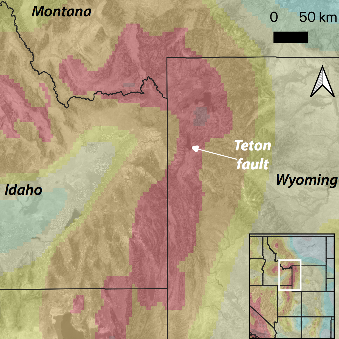 map of Teton fault area with light colored overlay