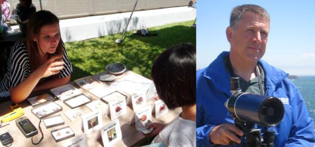 UC Santa Cruz researcher Nicole Thometz explains sea otter biology to kids.  USGS marine ecologist Tim Tinker outside his lab.