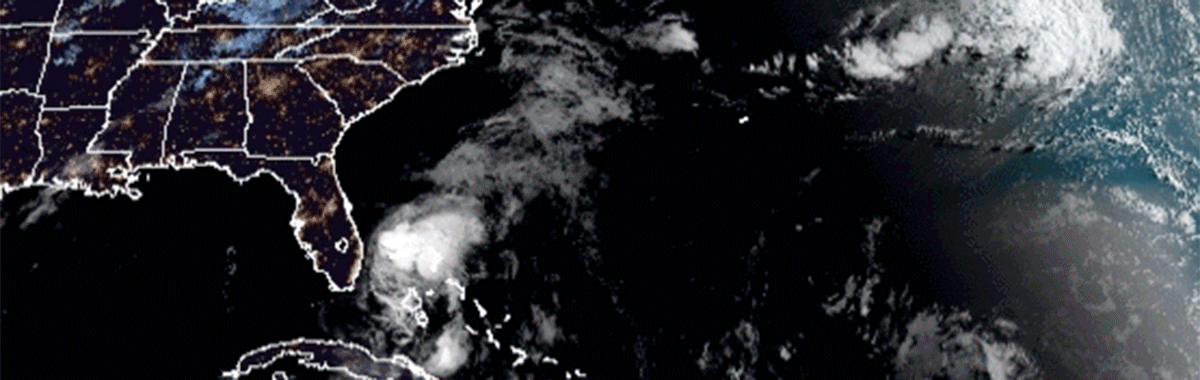 An animated gif showing a satellite image of Tropical Storm Isaias off the eastern coast of Florida