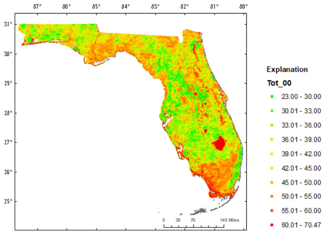 Total Actual Evapotranspiration rates for 2000, in inches per year