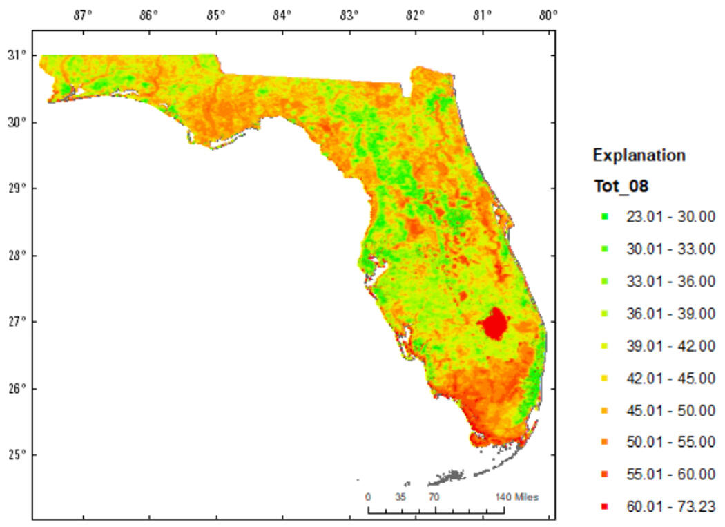Total Actual Evapotranspiration rates for 2008, in inches per year