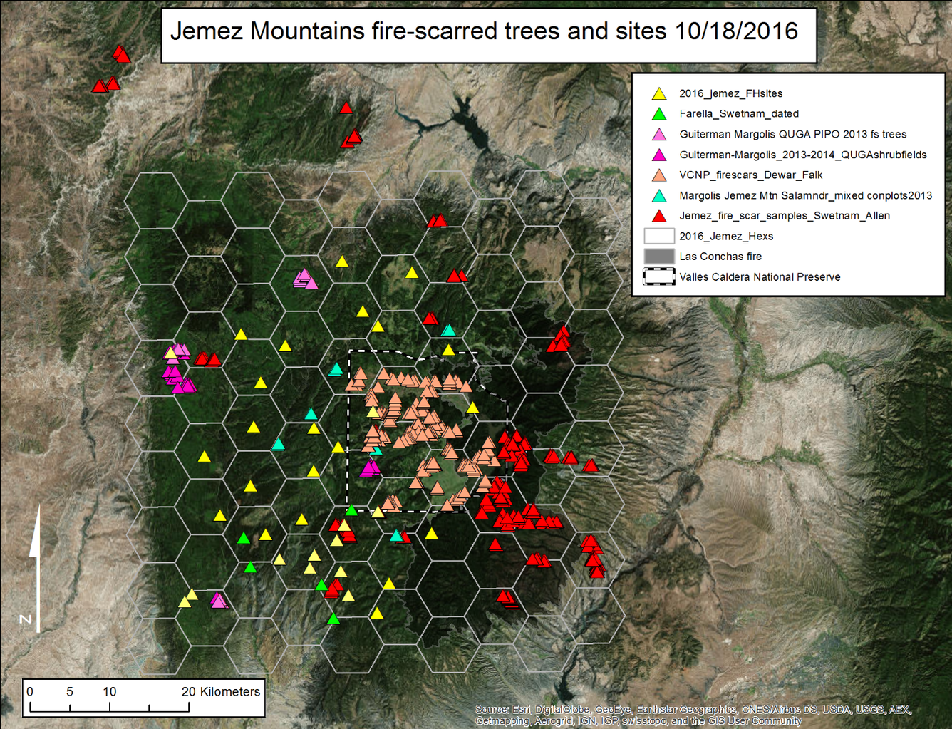 The tree-ring fire scar network in the Jemez Mountains covering >300,000 acres. Colored symbols represent individual fires.