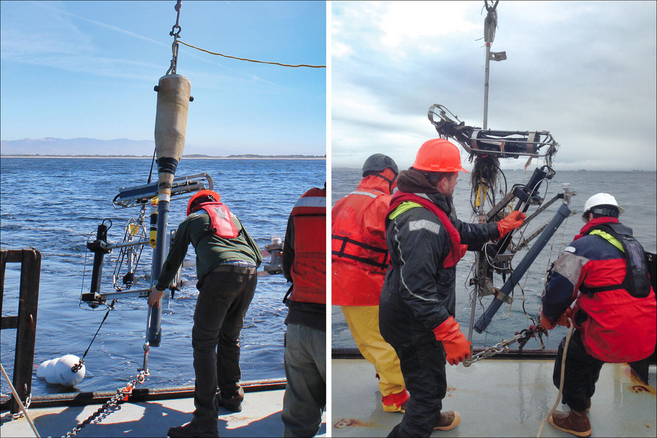 Side-by-side photos of people on the deck of a ship, first lowering then hauling back in an instrument package.