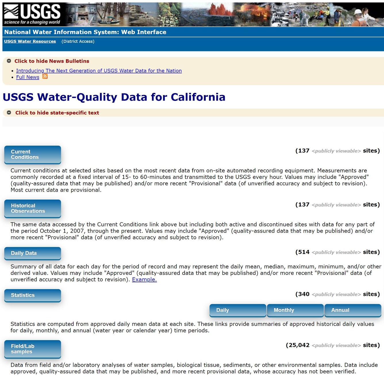 screenshot of the NWIS California Water Quality Data landing page