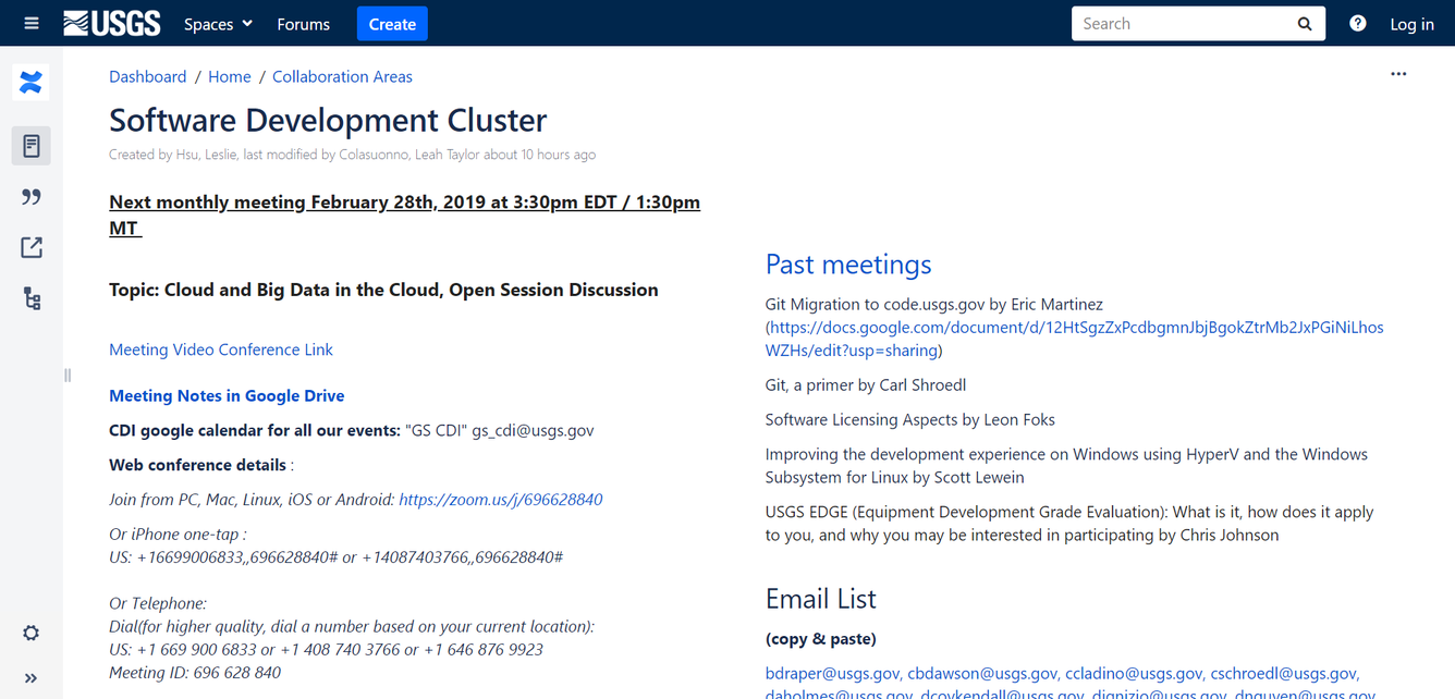 Screen capture of the USGS CDI Software Development Cluster home page.