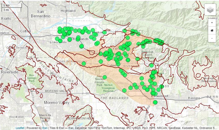 Map of the Yucaipa Valley area displaying groundwater wells used to monitor water quality and groundwater basin boundaries as de