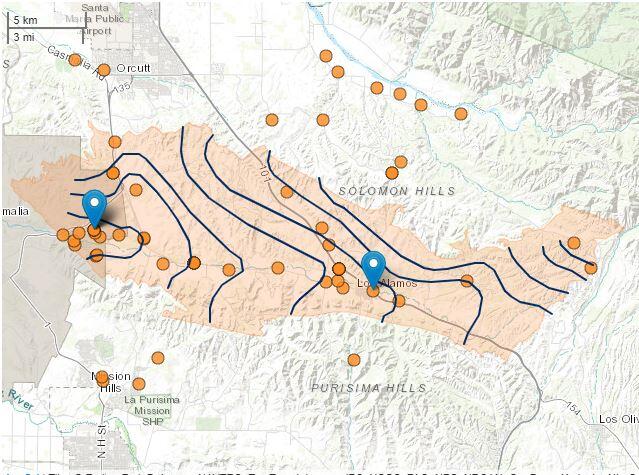 screenshot of interactive data map displaying  USGS wells in the San Antonio Creek groundwater basin