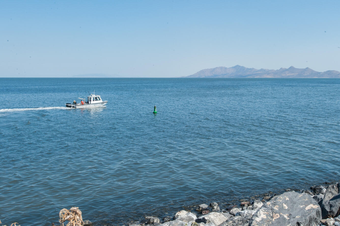 Photo of USGS scientists conducting a study on the Great Salt Lake. 