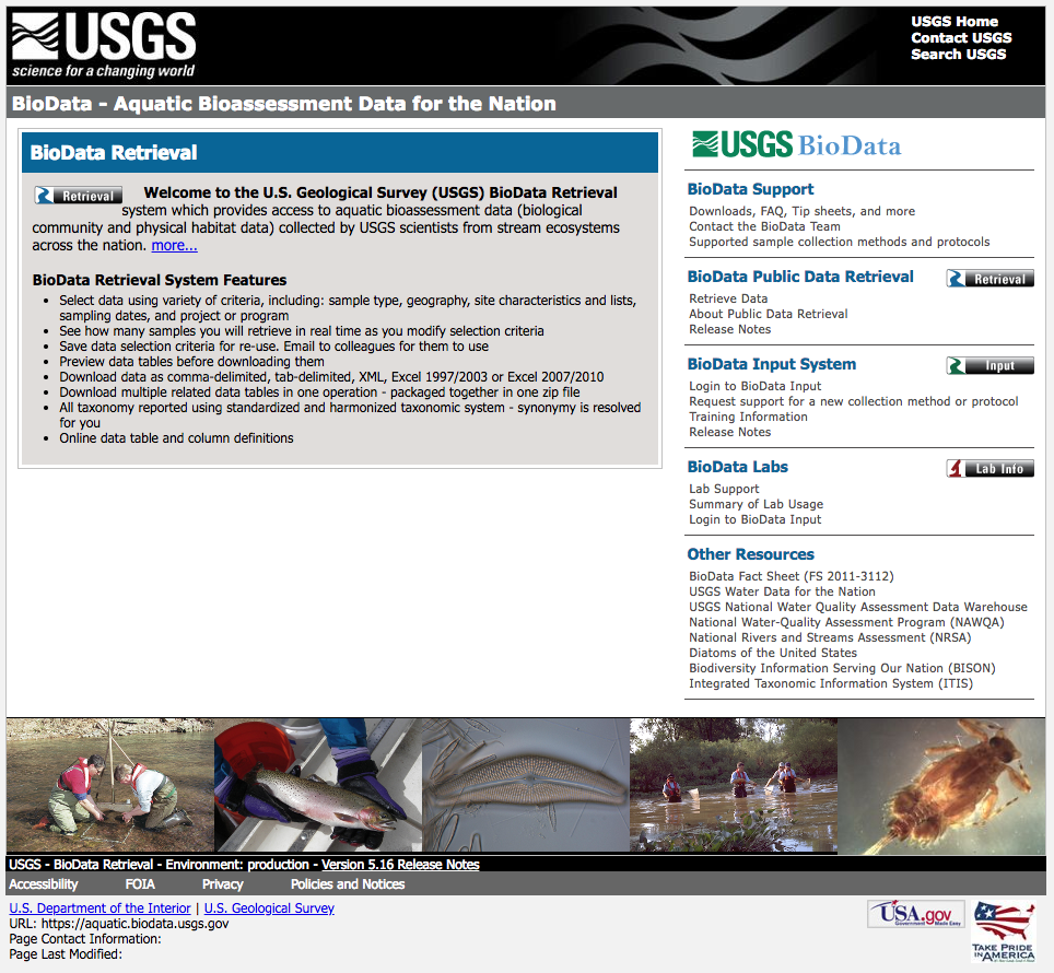 Screenshot of USGS BioData Retrieval system