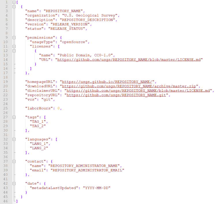 Screencapture of USGS code.json software metadata template.