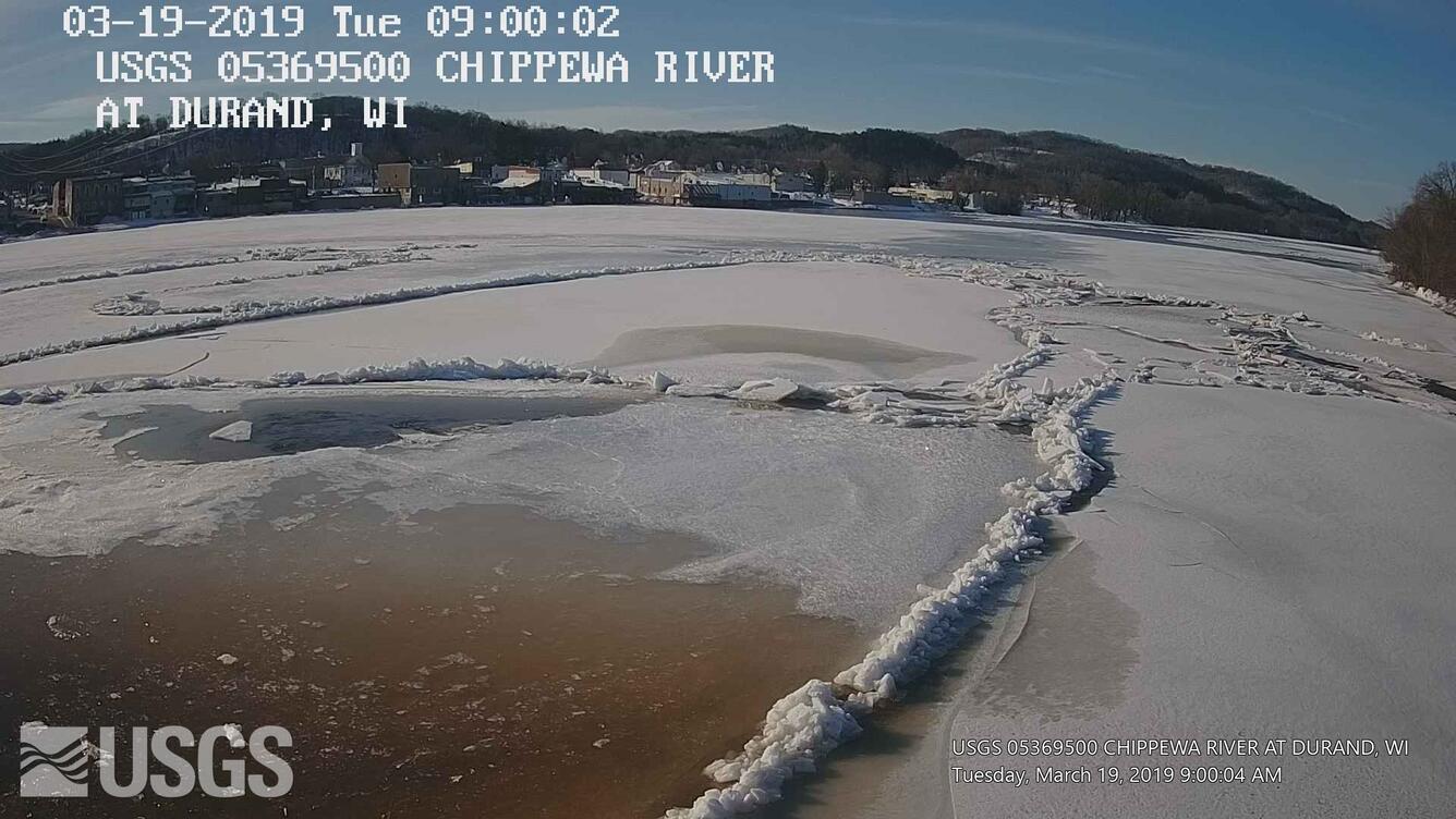 Still frame from a USGS webcam looking across the Chippewa River as ice breaks up