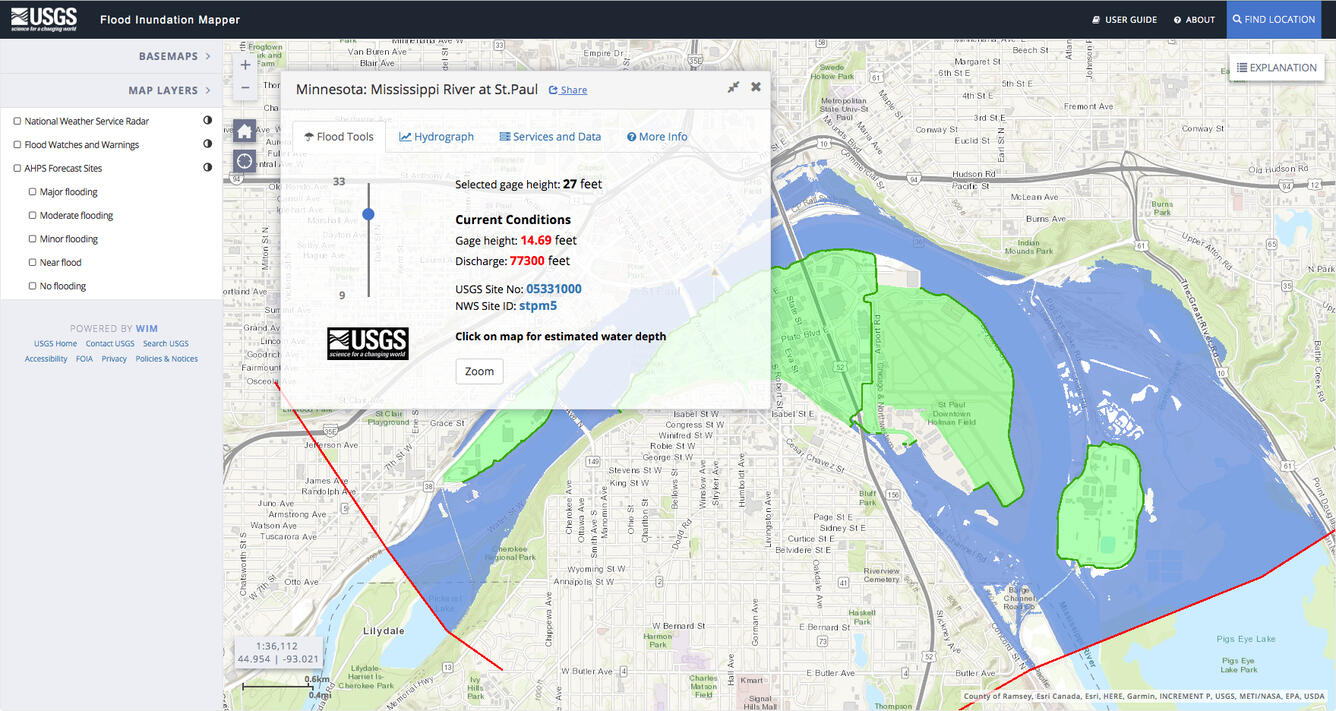 Screenshot of a flood inundation map for St. Paul, Minnesota