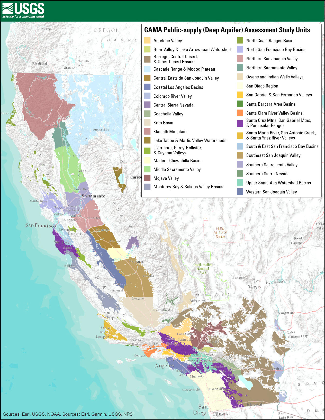 map of California shaded by GAMA deep aquifer study units