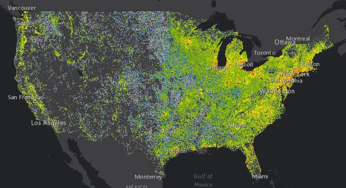 Black and grey map of the contiguous 48 states shaded by the number of people using domestic wells per square kilometer (2010)