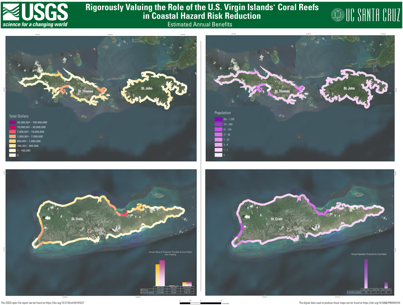 Aerial imagery of islands are marked to show different data about each island's coast.