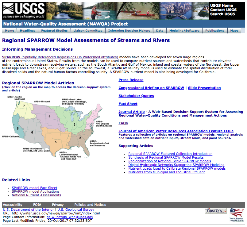 Screenshot of the "Regional SPARROW Model Assessments of Streams and Rivers" website homepage