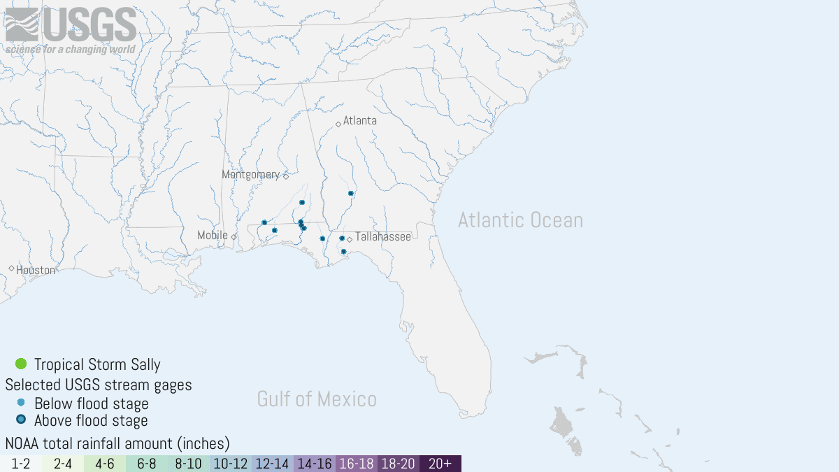 Animation showing rain totals and water levels in the southeast U.S. during Hurricane Sally