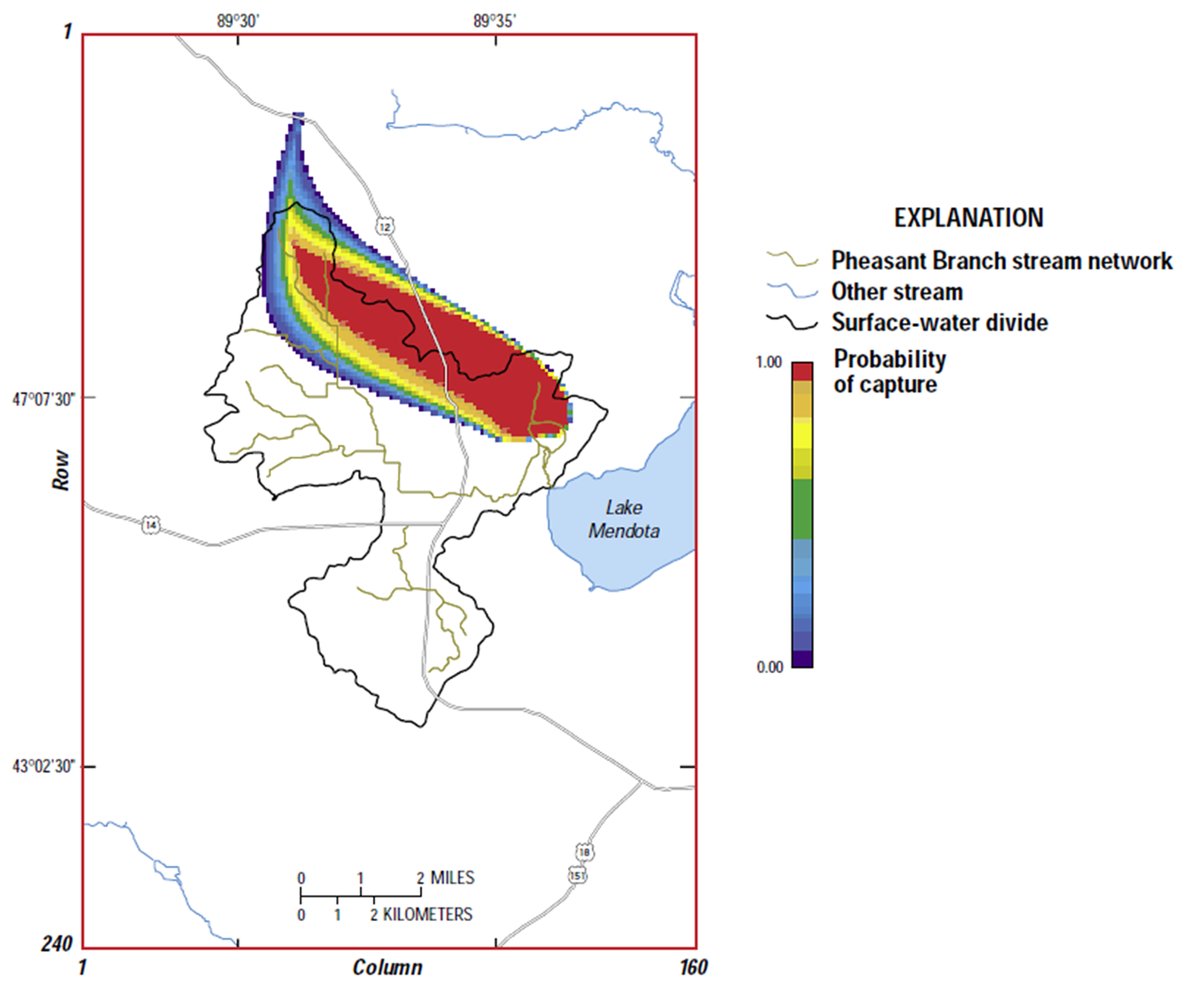 Figure showing the probability that an area on the land surface contributes to a spring