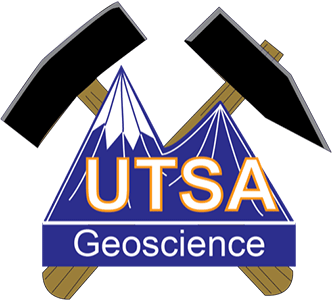 UTSA Geoscience Department logo showing two mountain peaks and crossed rock hammers behind