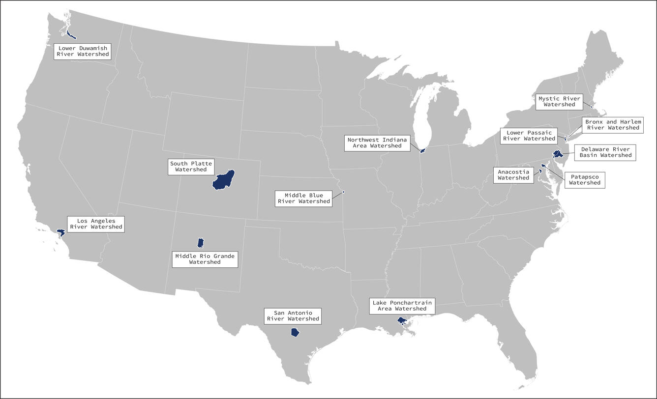 Map of continguous US with study sites shown in blue