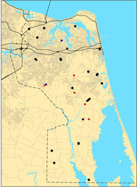 Map of Virginia beach with well locations