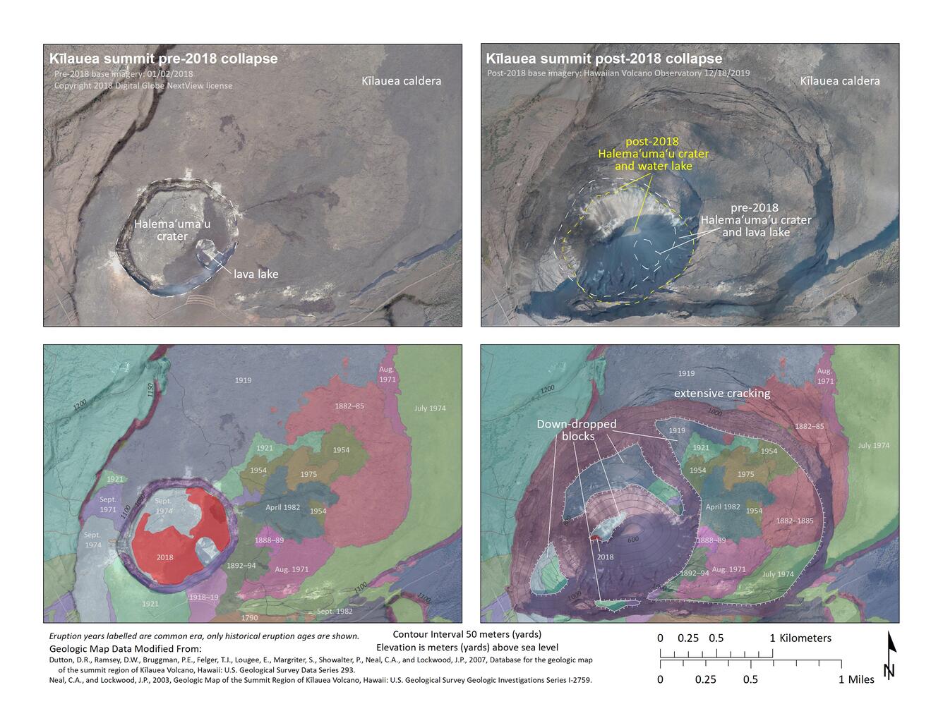 Maps showing caldera before and after collapse