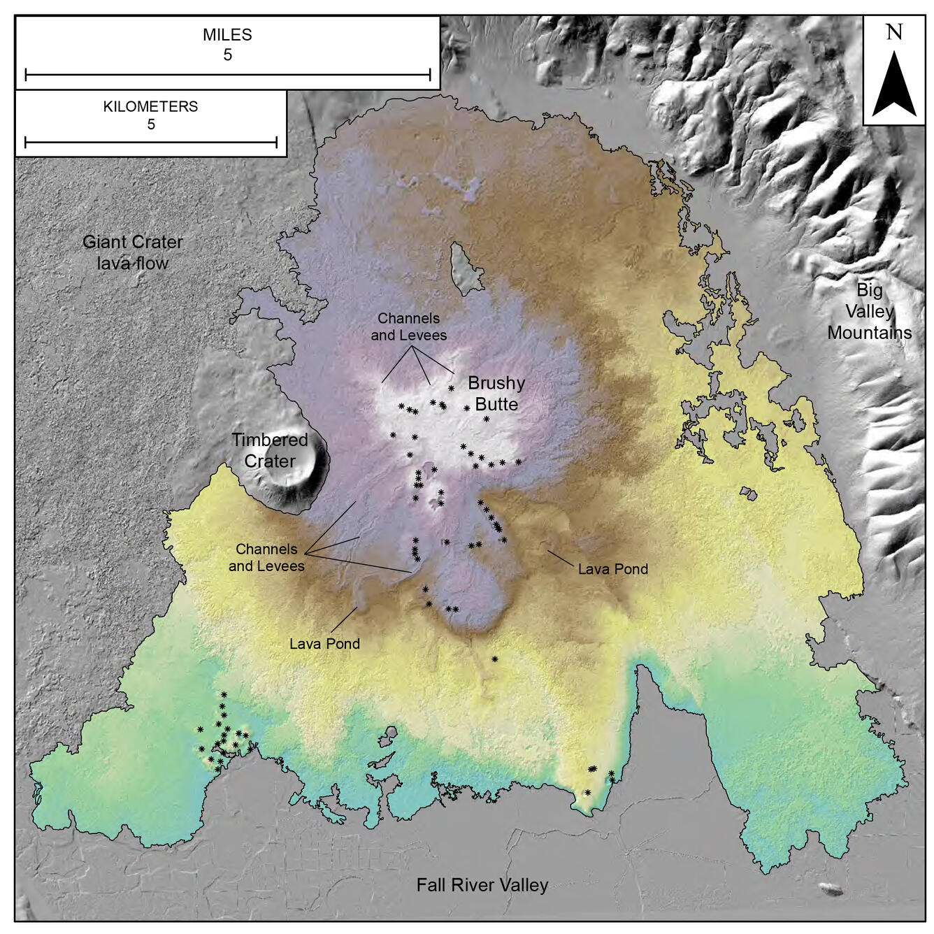 Colored, shaded-relief terrain map of Brushy Butte Volcano