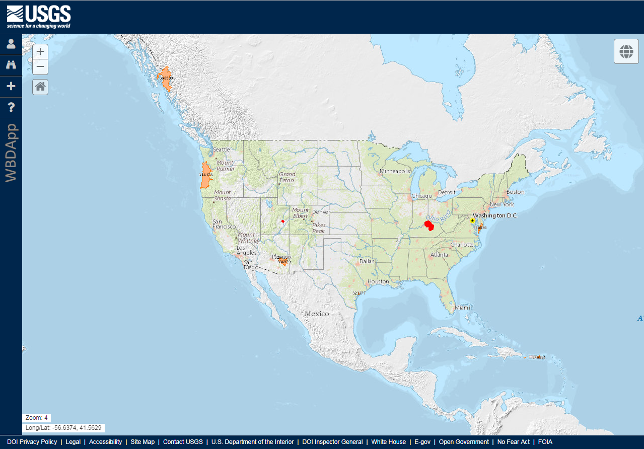 Screenshot of the US viewed through the WBDApp