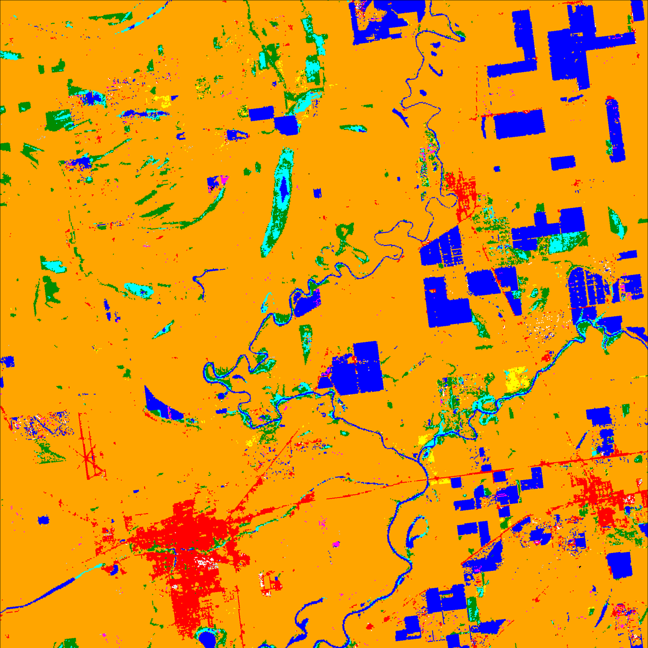 A color-coded land cover map of an area in west-central Mississippi derived from and 2013 Landsat satellite image.