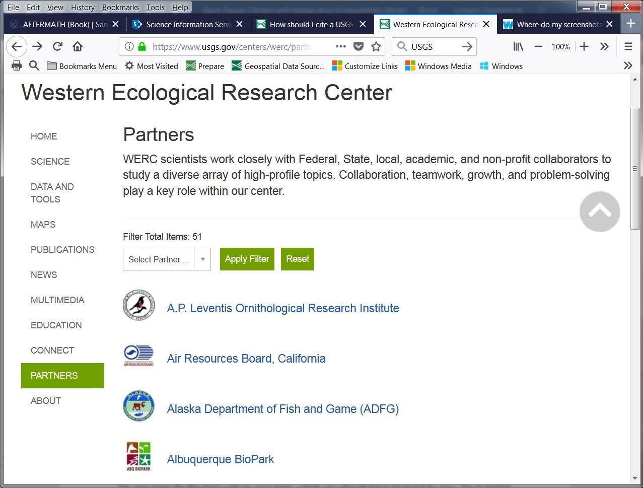 Screenshot of USGS website showing list of partner organizations