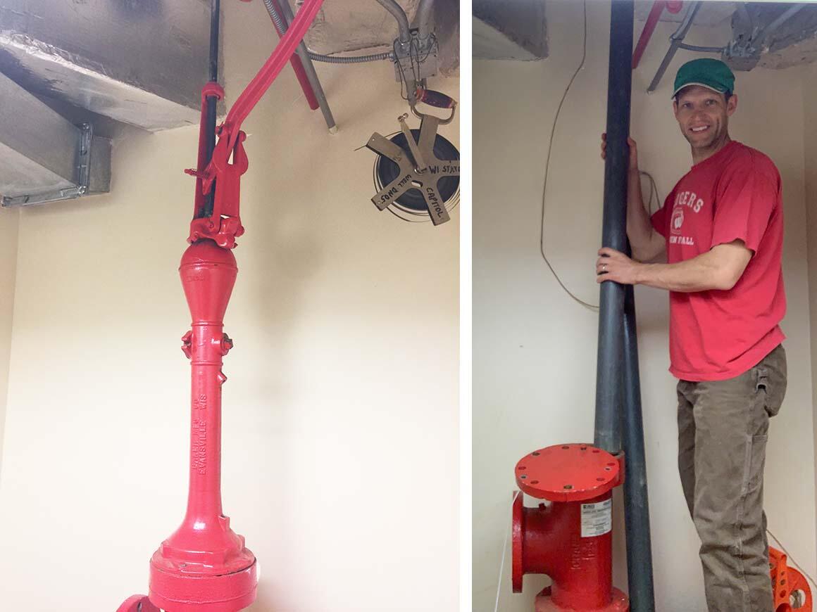 Two photos of red well piping in basement of building. In one photo, scientist is preparing to to take water-level measurements.