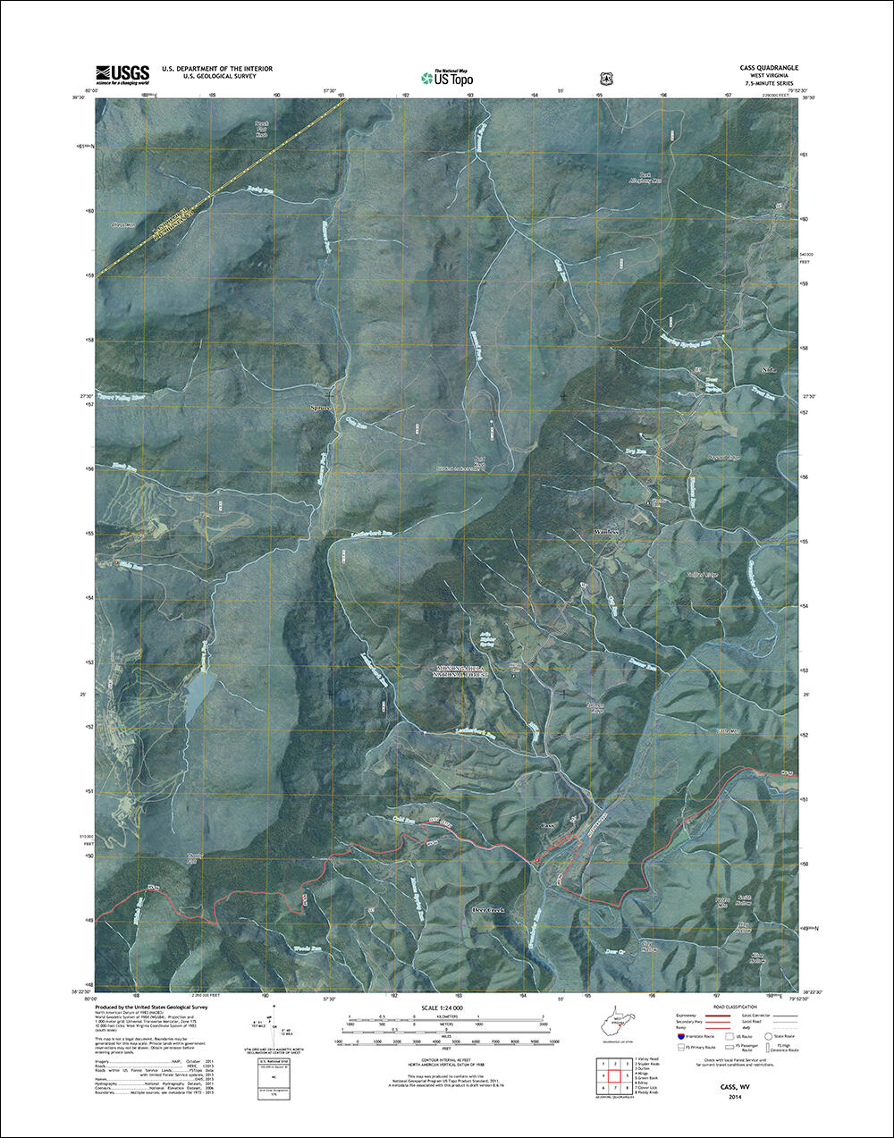 US Topo map of the Cass, West Virginia quadrangle, March 2014.