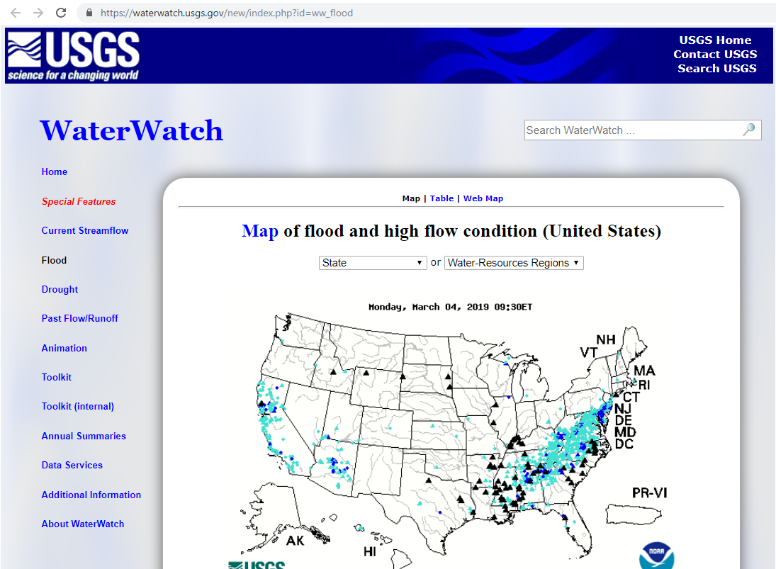 Image of a past view of the USGS WaterWatch website