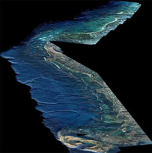 Map of both land and underwater features of a busy tourist island is skewed and made to look more like art than a map.