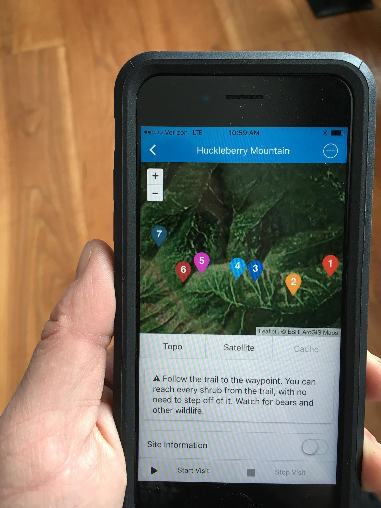 Screen shot of ScienceCache mobile application's map interface.  
